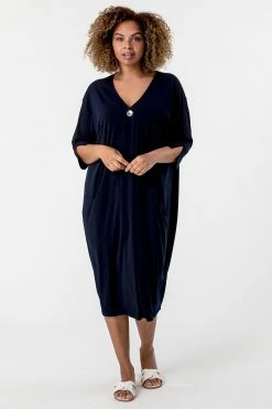 Roman Navy Curve Button Detail Cocoon Dress
