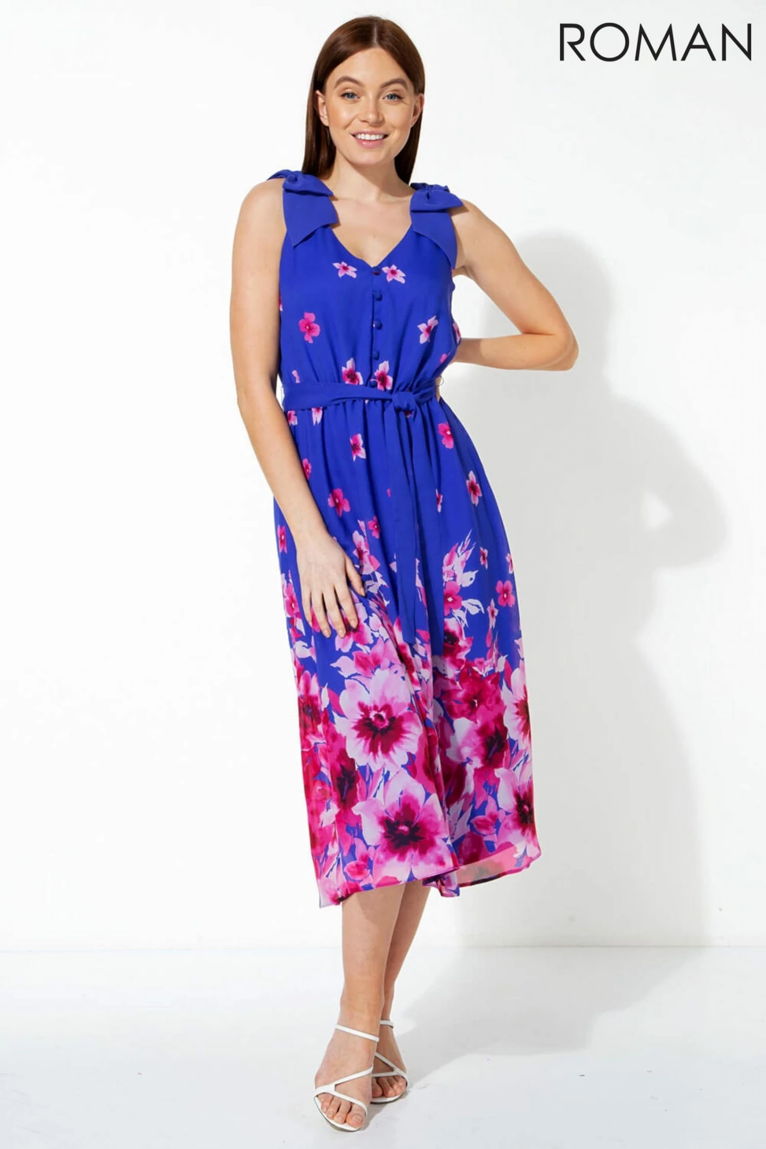 Roman Blue Floral Print Belted Dress 3 Roman Blue Floral Print Belted Dress