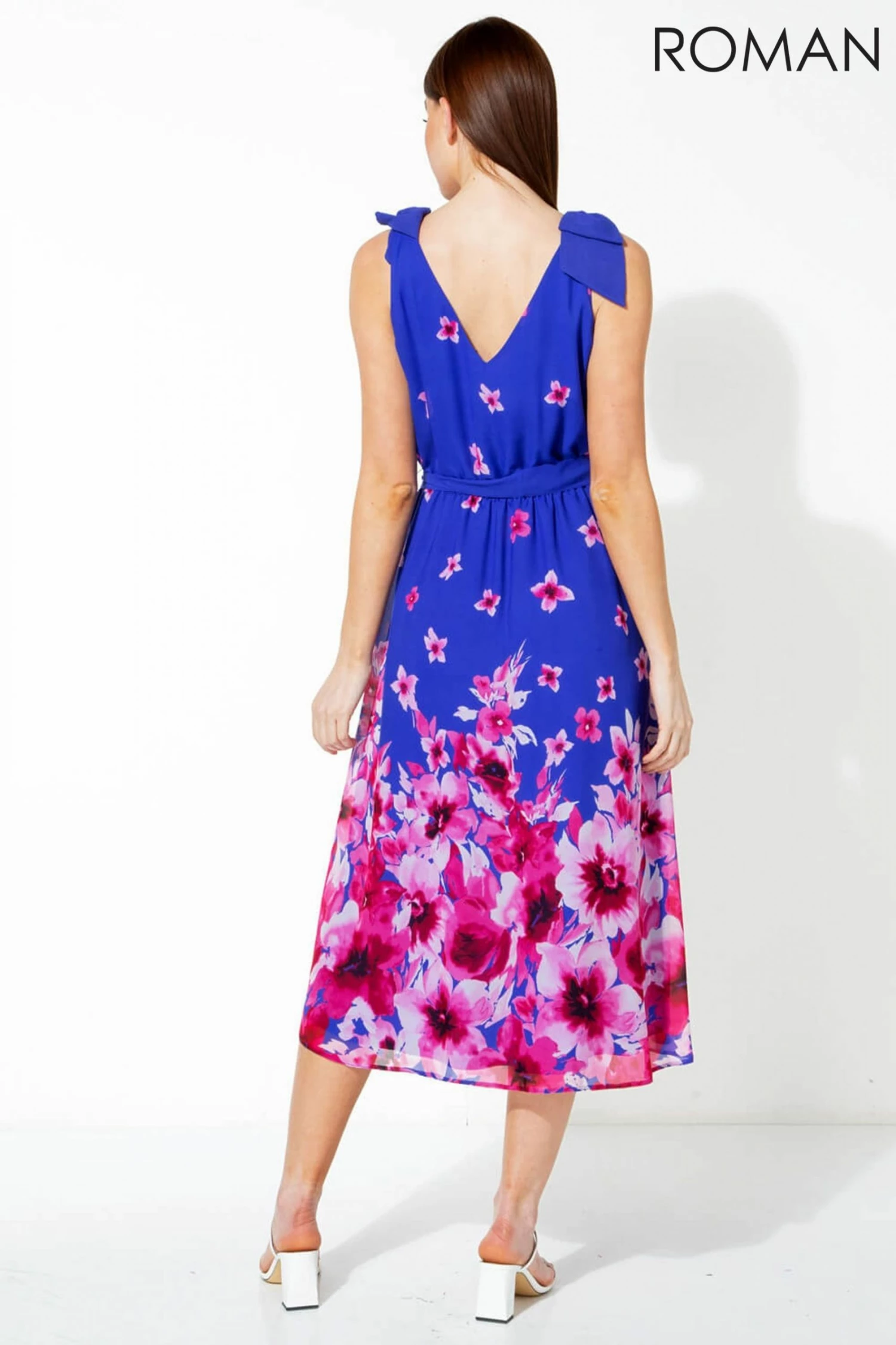 Roman Blue Floral Print Belted Dress 4 Roman Blue Floral Print Belted Dress - Image 2