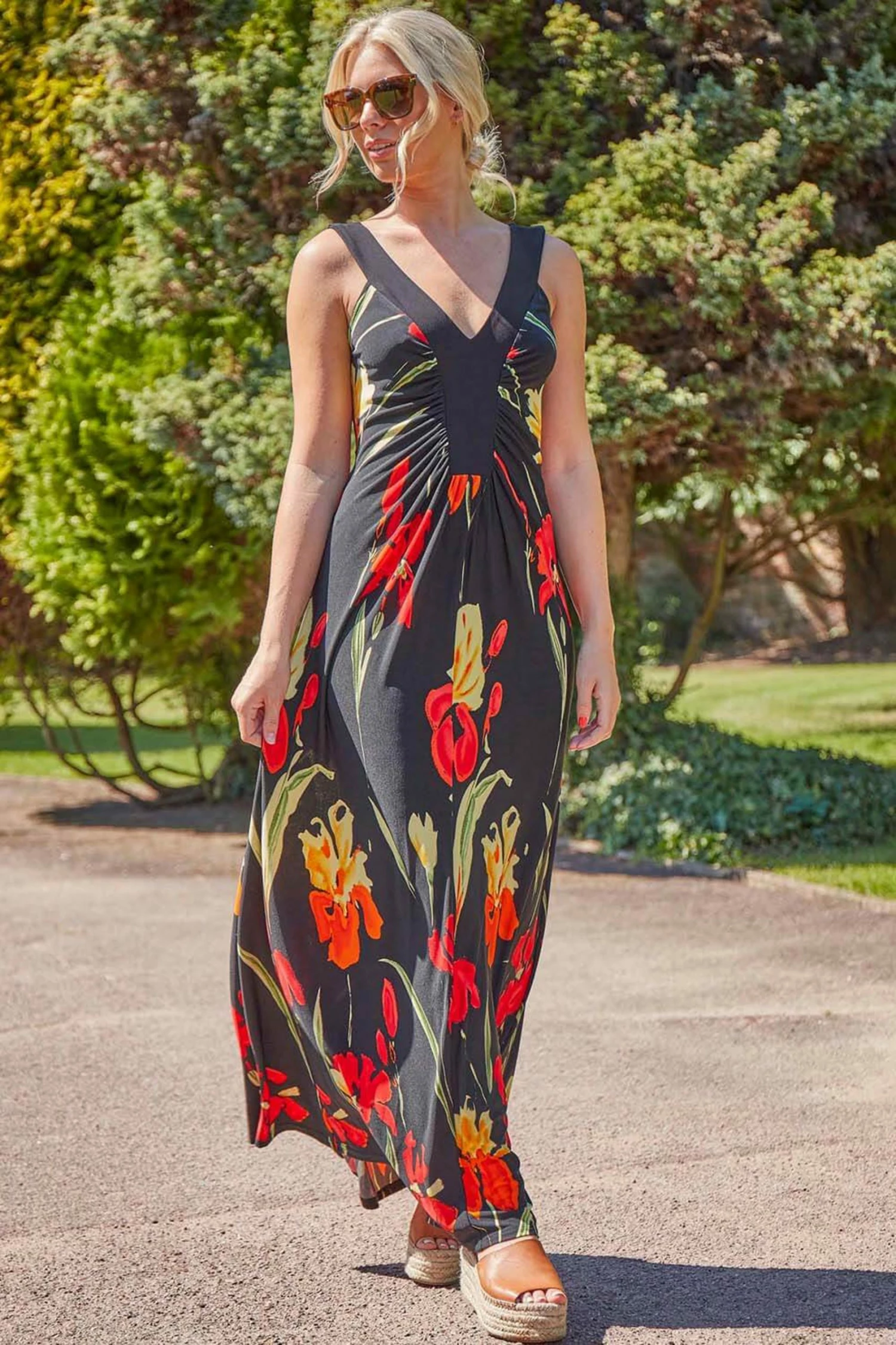 Roman Black Floral Contrast Band Maxi Dress 5 Roman Black Floral Contrast Band Maxi Dress - Image 3