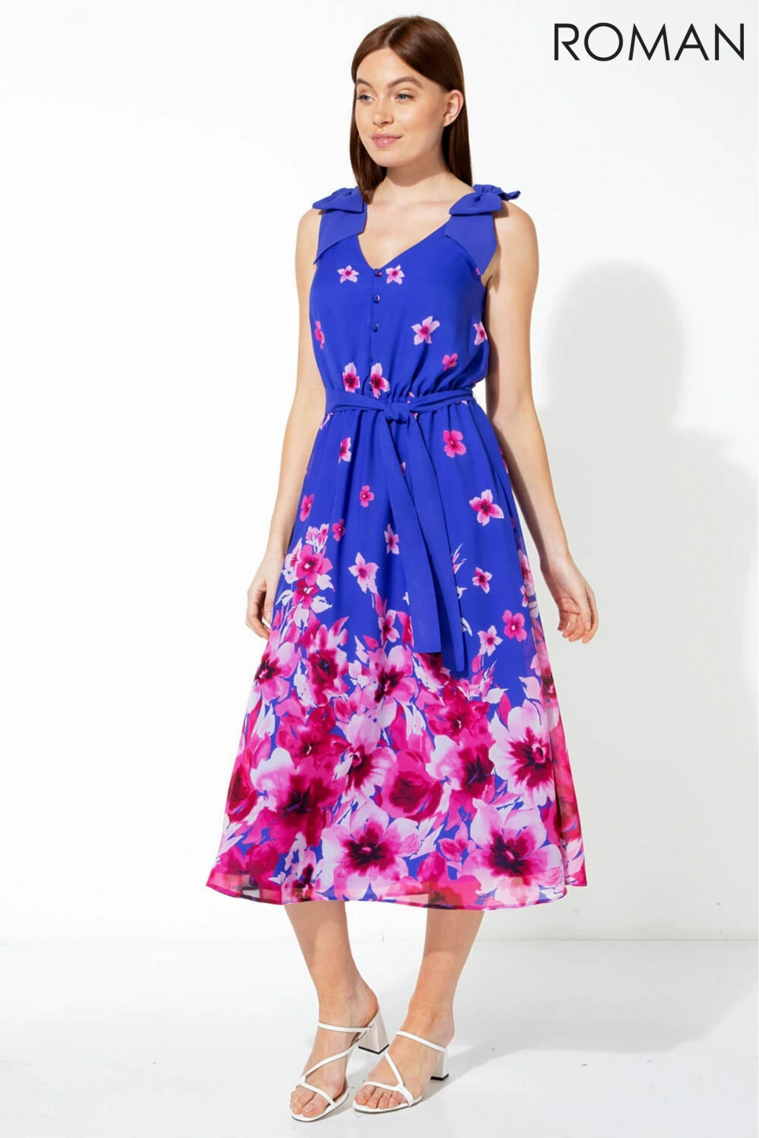 Roman Blue Floral Print Belted Dress 5 Roman Blue Floral Print Belted Dress - Image 3