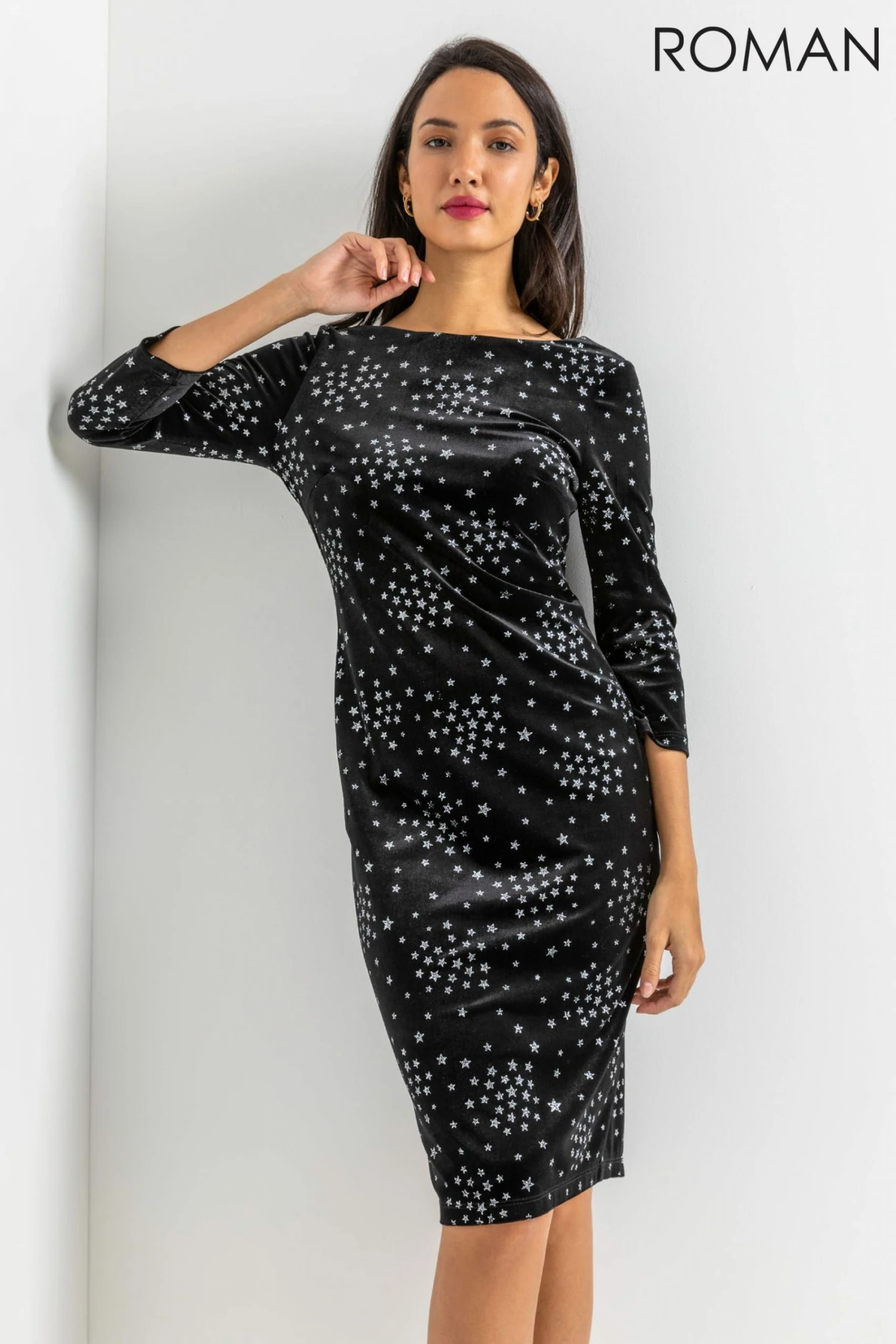Roman Black Glitter Star Print Velvet Dress 3 Roman Black Glitter Star Print Velvet Dress