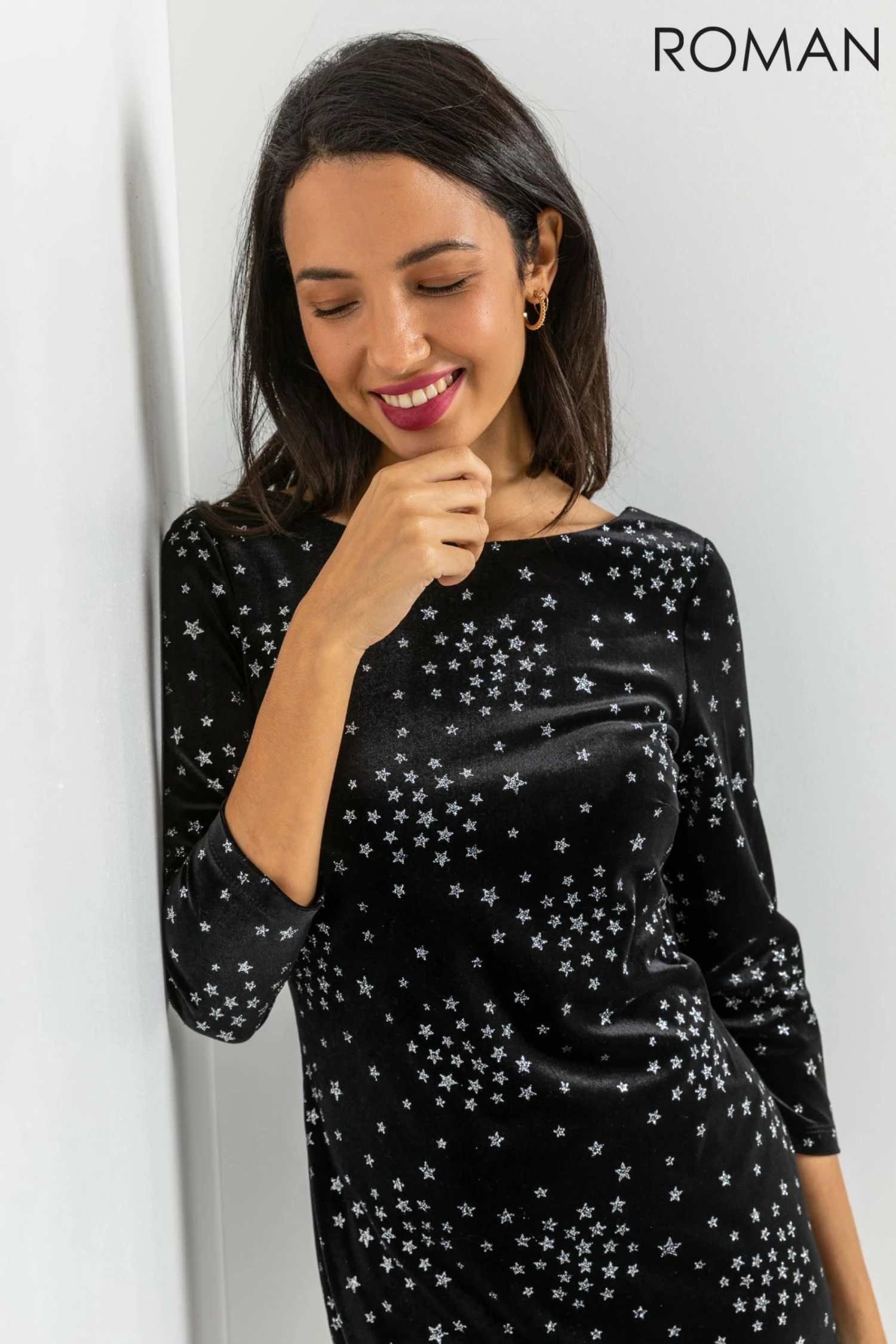Roman Black Glitter Star Print Velvet Dress 6 Roman Black Glitter Star Print Velvet Dress - Image 4