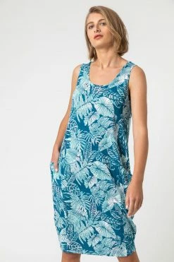 Roman Blue Leaf Print Slouch Pocket Dress