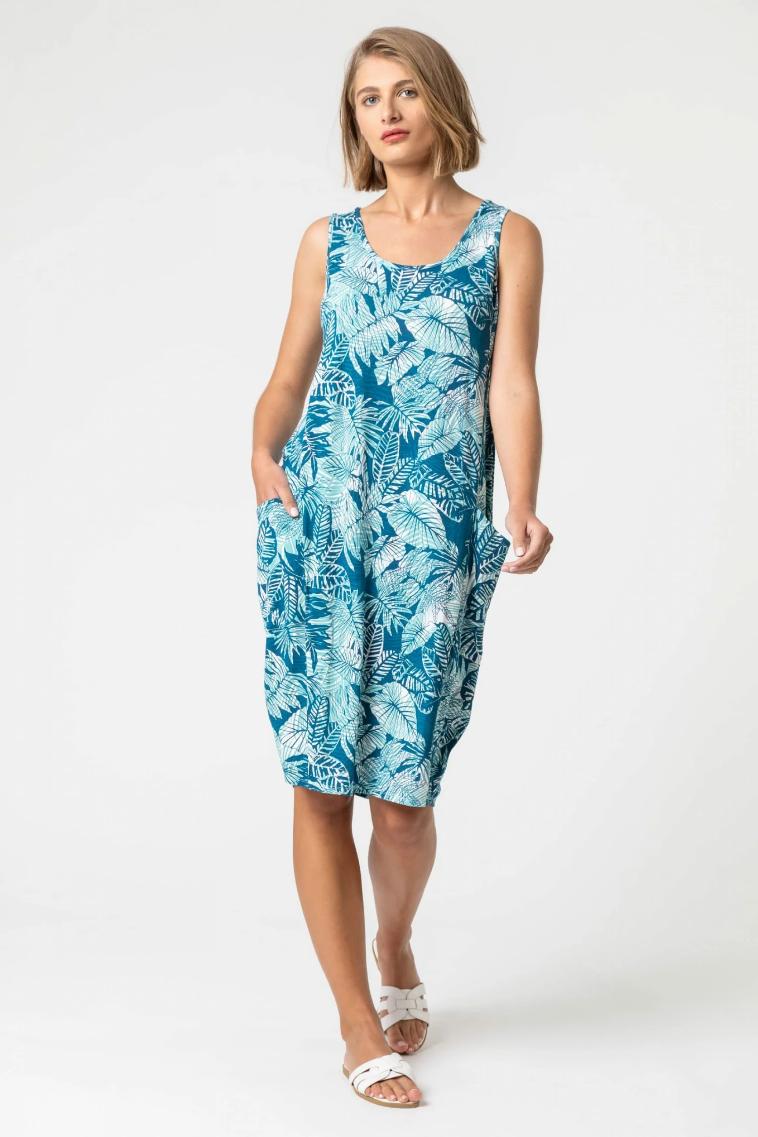 Roman Blue Leaf Print Slouch Pocket Dress 6 Roman Blue Leaf Print Slouch Pocket Dress - Image 4