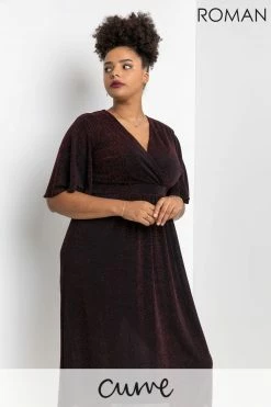 Roman Red Curve Shimmer Wrap Midi Dress