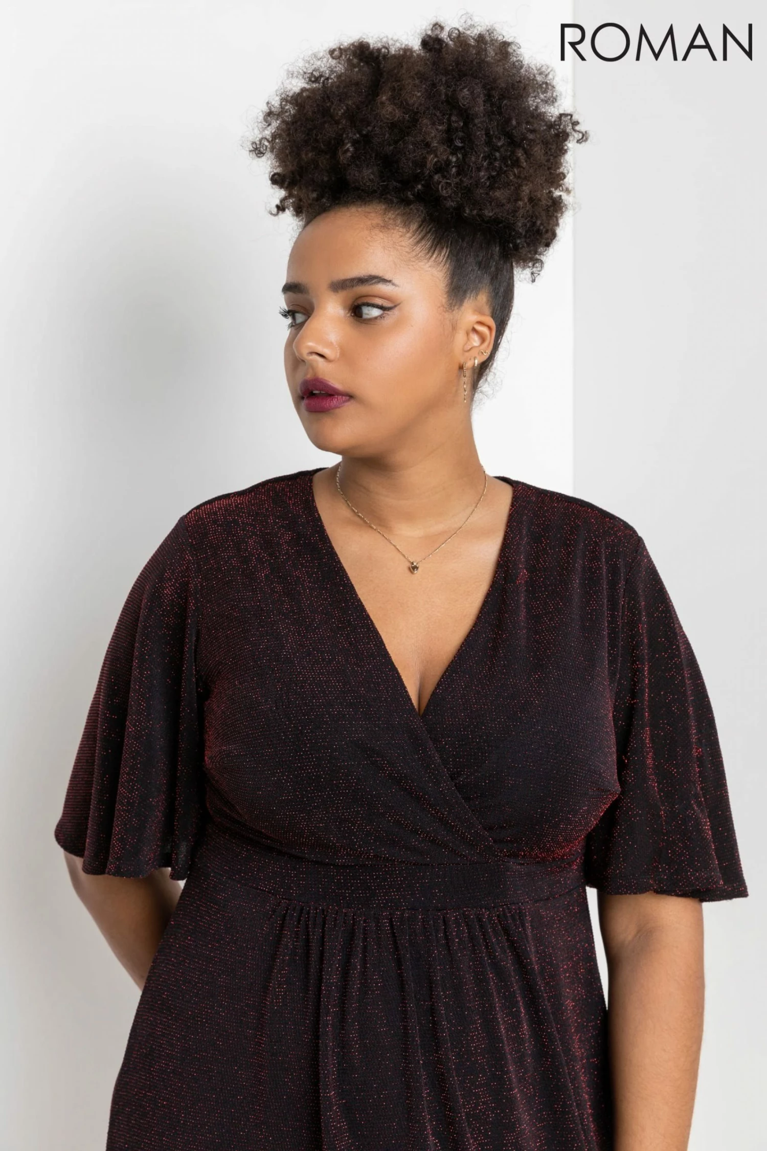 Roman Red Curve Shimmer Wrap Midi Dress 6 Roman Red Curve Shimmer Wrap Midi Dress - Image 4