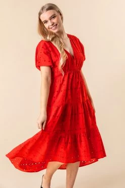 Roman Red Broderie Tiered Smock Dress
