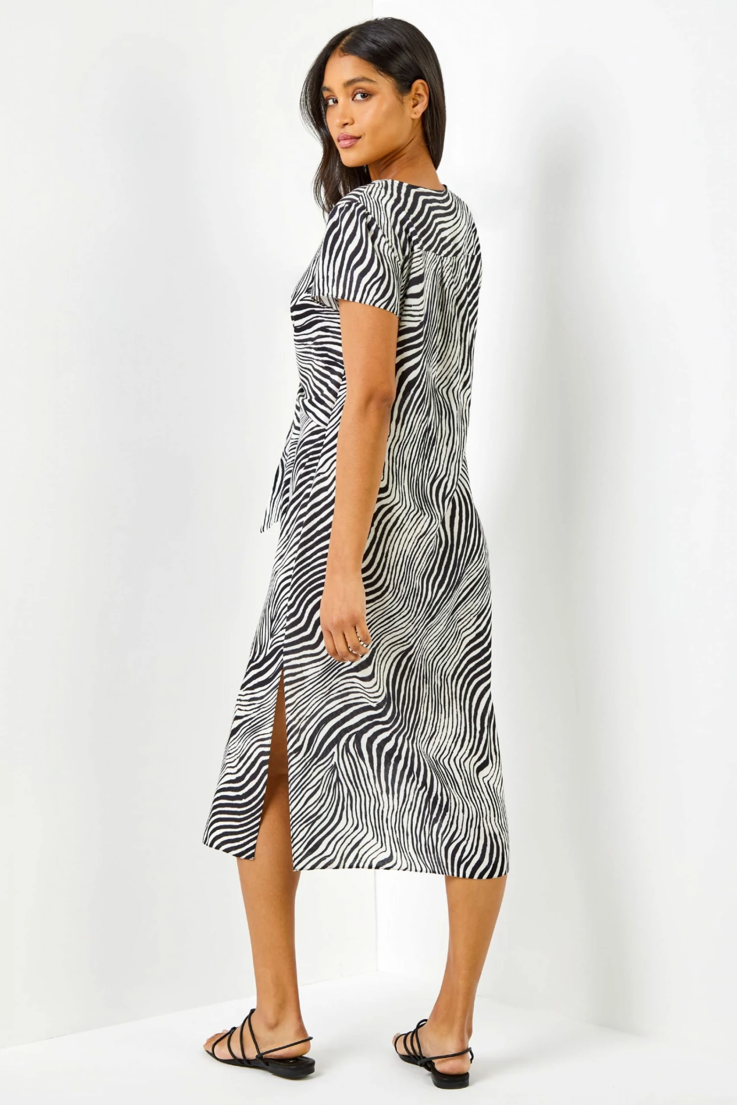 Roman Black Abstrace Wave Print Tie Knot Detail Dress 4 Roman Black Abstrace Wave Print Tie Knot Detail Dress - Image 2