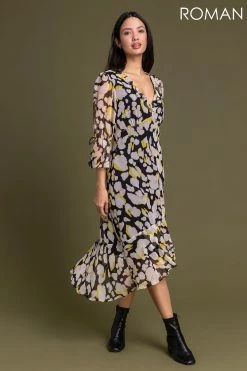 Roman Yellow Floral Frill Detail Midi Dress