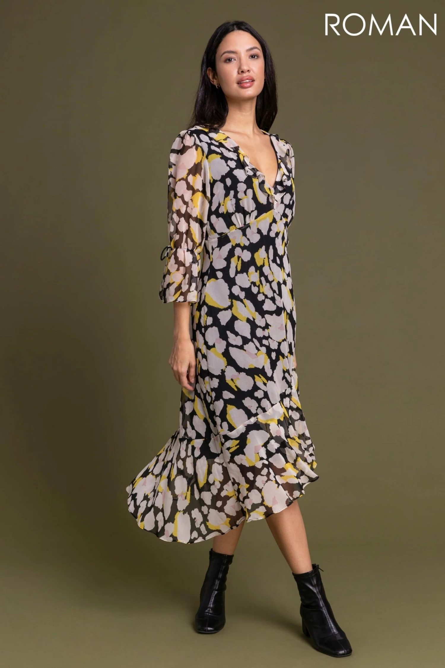 Roman Yellow Floral Frill Detail Midi Dress 3 Roman Yellow Floral Frill Detail Midi Dress