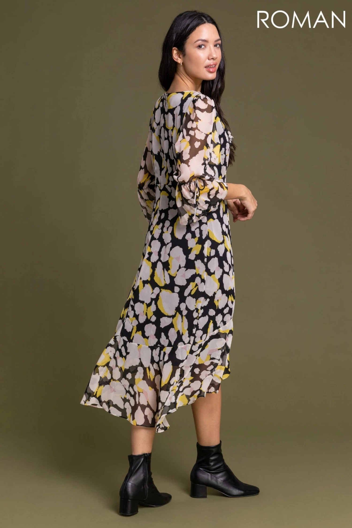 Roman Yellow Floral Frill Detail Midi Dress 4 Roman Yellow Floral Frill Detail Midi Dress - Image 2