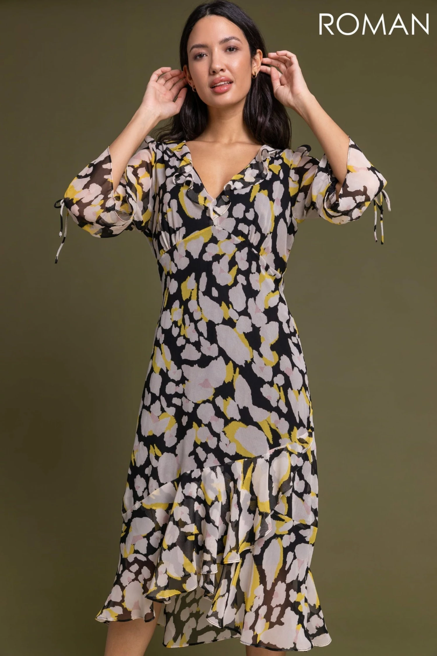 Roman Yellow Floral Frill Detail Midi Dress 5 Roman Yellow Floral Frill Detail Midi Dress - Image 3