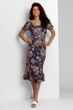 Roman Blue Floral Print Frill Hem Midi Dress
