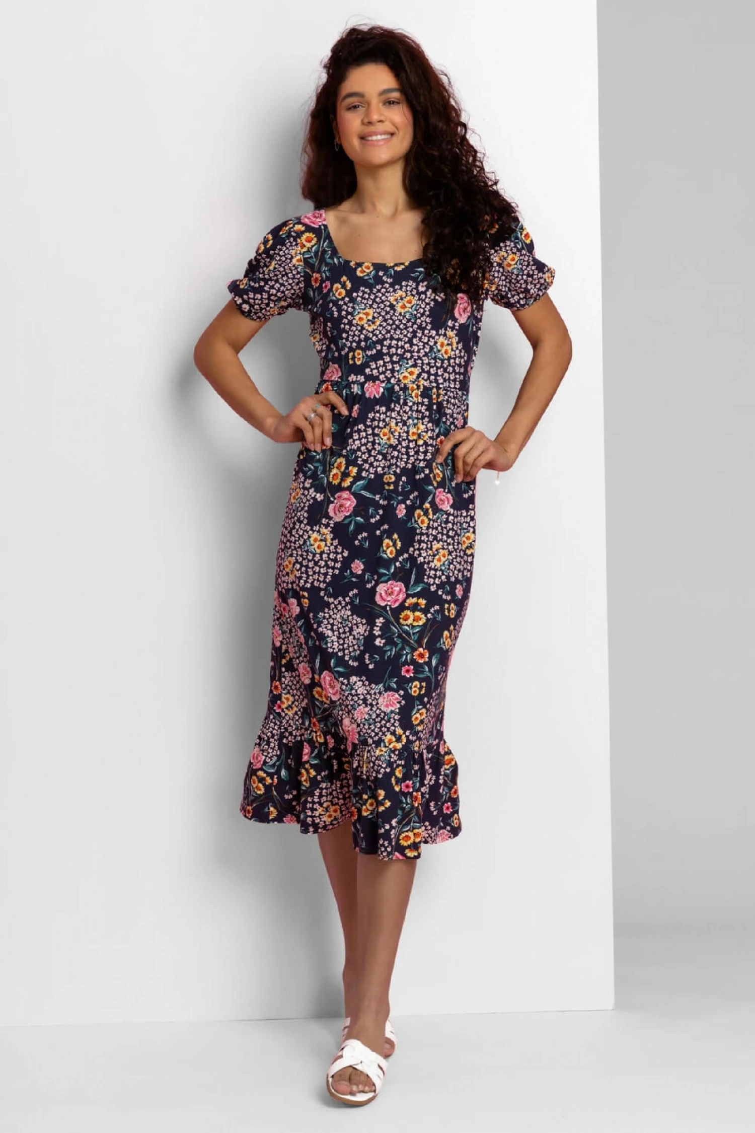 Roman Blue Floral Print Frill Hem Midi Dress 3 Roman Blue Floral Print Frill Hem Midi Dress