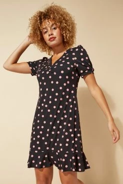 Roman Black Spot Print Ruched V Neck Skater Dress -Roman Sales Shop unnamed file 3541