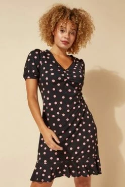 Roman Black Spot Print Ruched V Neck Skater Dress -Roman Sales Shop unnamed file 3542