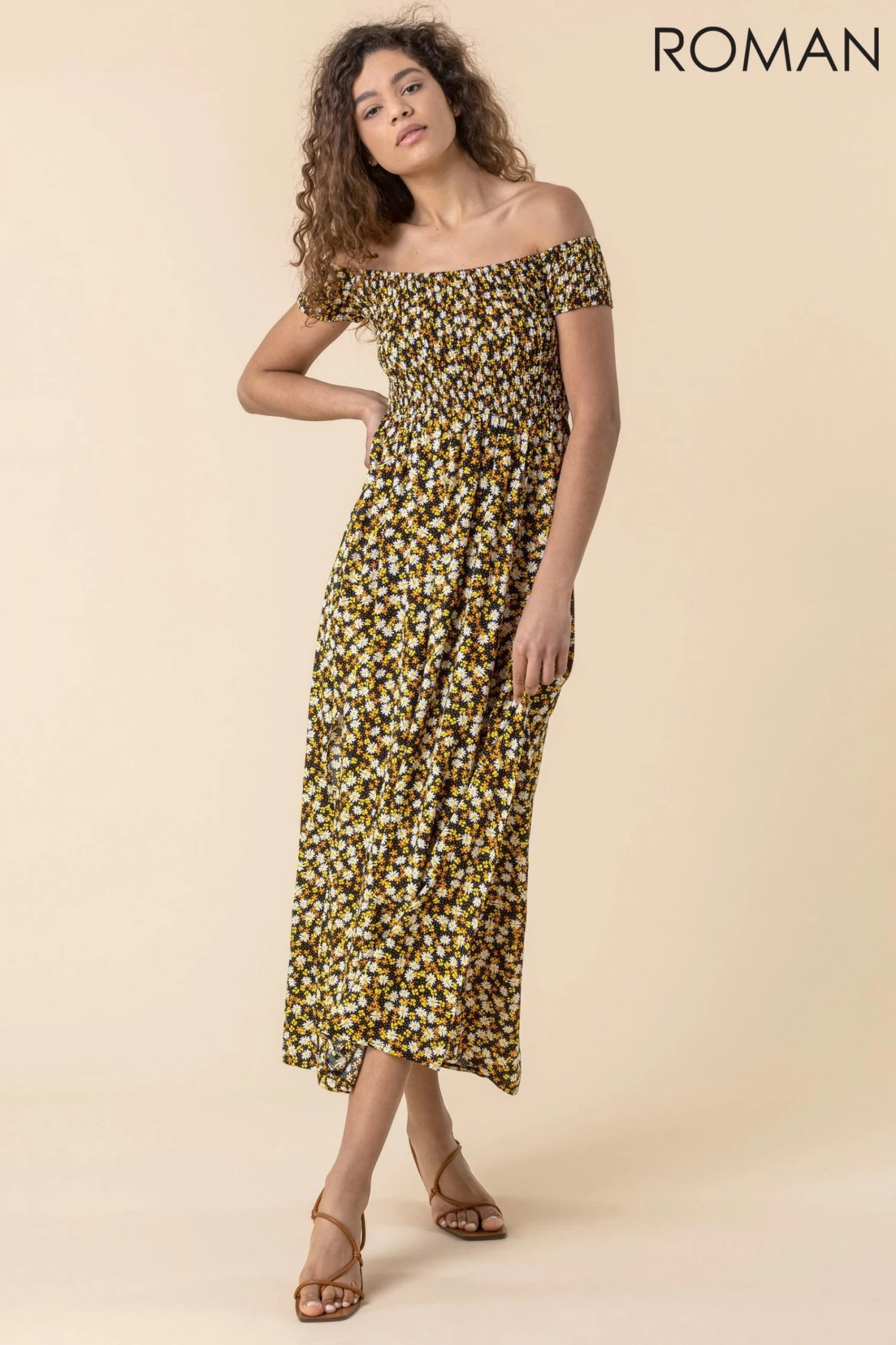 Roman Multi Shirred Ditsy Floral Print Bardot Dress 3 Roman Multi Shirred Ditsy Floral Print Bardot Dress