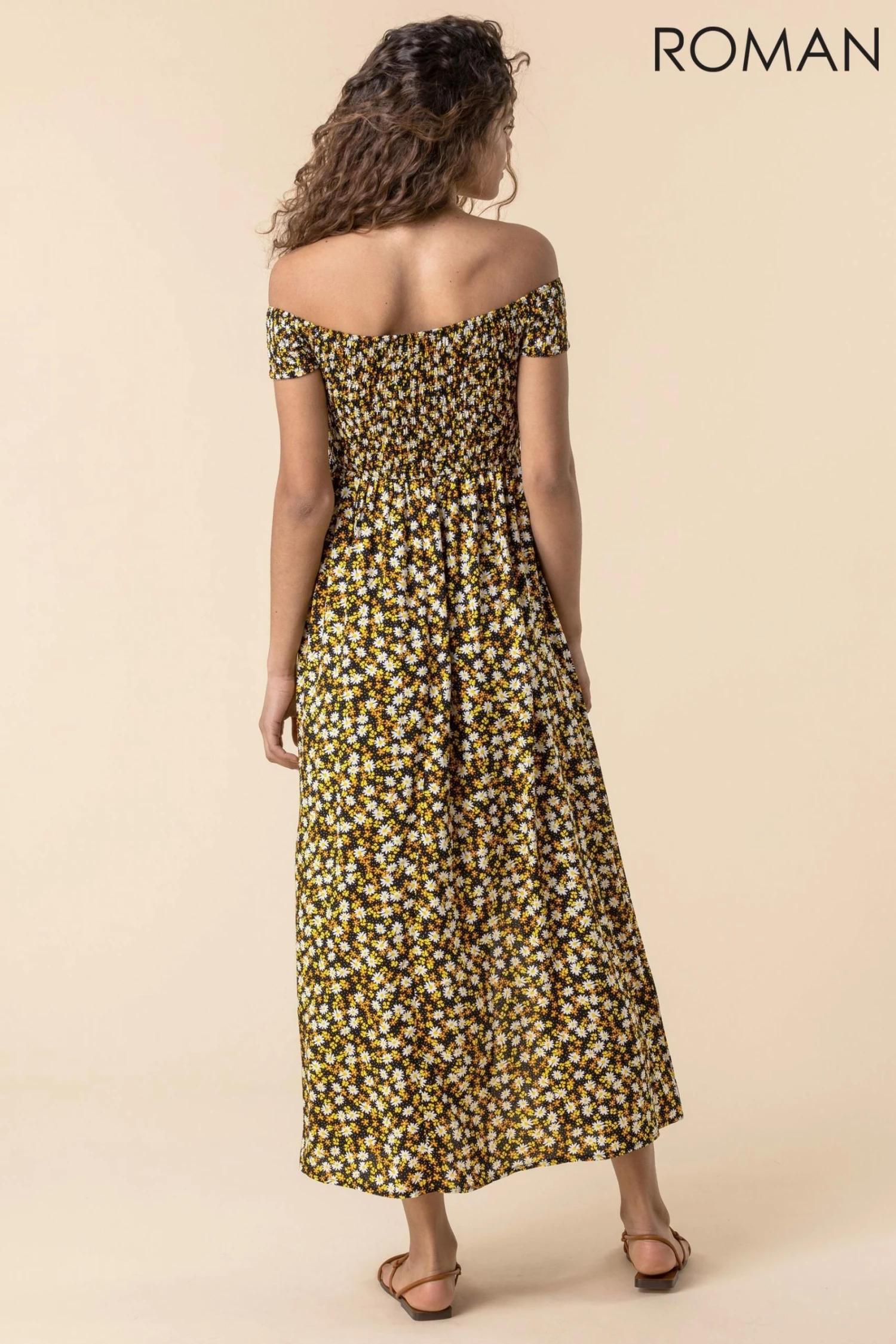 Roman Multi Shirred Ditsy Floral Print Bardot Dress 4 Roman Multi Shirred Ditsy Floral Print Bardot Dress - Image 2