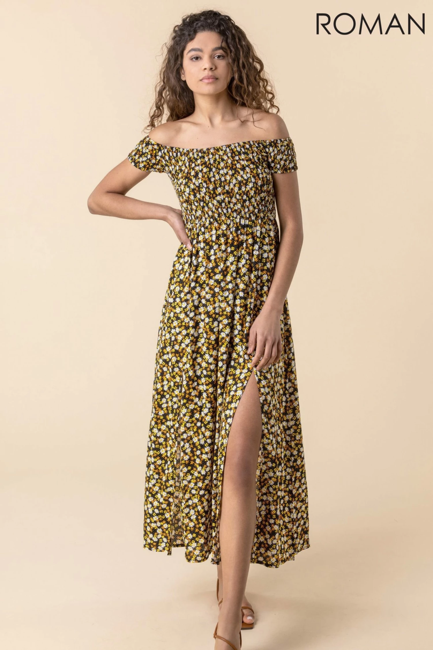 Roman Multi Shirred Ditsy Floral Print Bardot Dress 5 Roman Multi Shirred Ditsy Floral Print Bardot Dress - Image 3