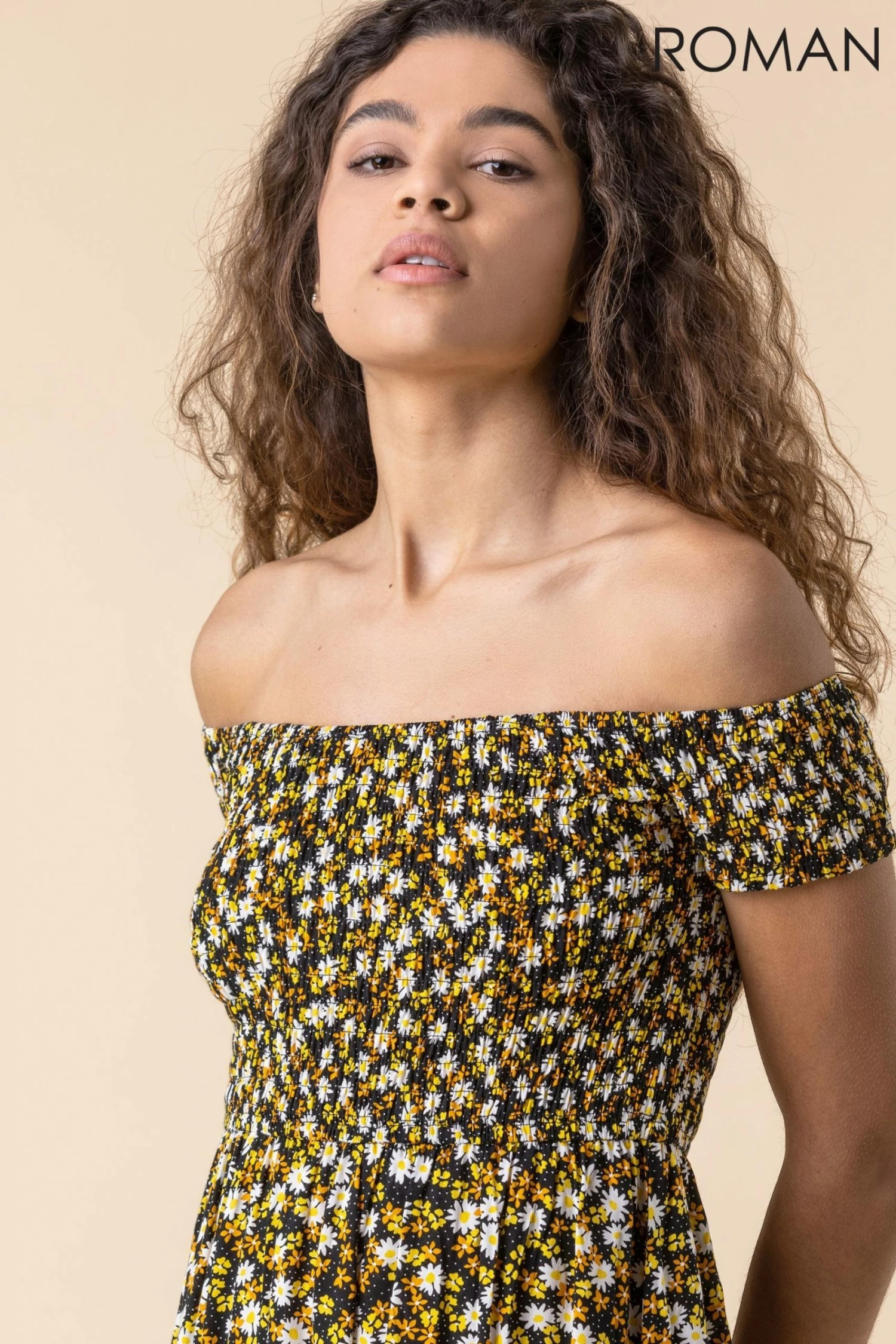 Roman Multi Shirred Ditsy Floral Print Bardot Dress 6 Roman Multi Shirred Ditsy Floral Print Bardot Dress - Image 4