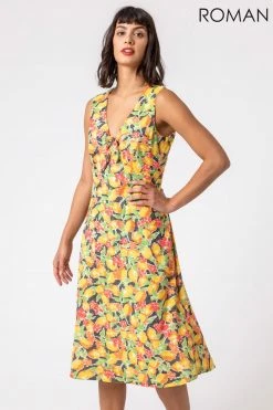 Roman Yellow Lemon Burnout Print Knotted Dress