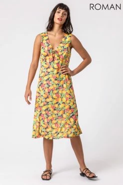 Roman Yellow Lemon Burnout Print Knotted Dress -Roman Sales Shop unnamed file 3565