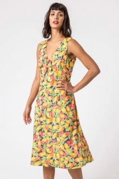 Roman Yellow Lemon Burnout Print Knotted Dress -Roman Sales Shop unnamed file 3567