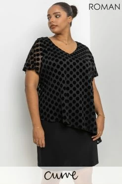 Roman Black Curve Flock Spot Overlay Dress