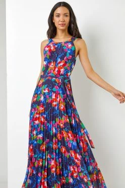 Roman Blue & Red Floral Print Pleated Maxi Dress