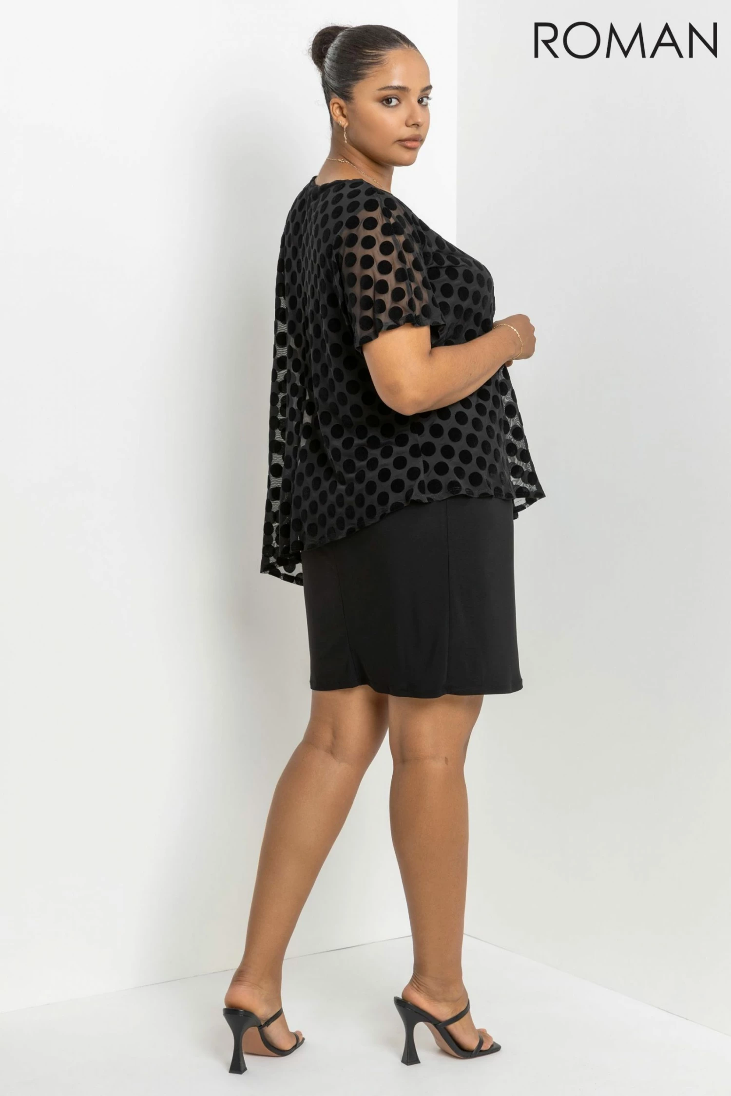 Roman Black Curve Flock Spot Overlay Dress 4 Roman Black Curve Flock Spot Overlay Dress - Image 2