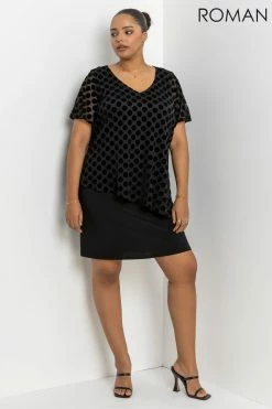 Roman Black Curve Flock Spot Overlay Dress 9 Roman Black Curve Flock Spot Overlay Dress -Roman Sales Shop unnamed file 3581