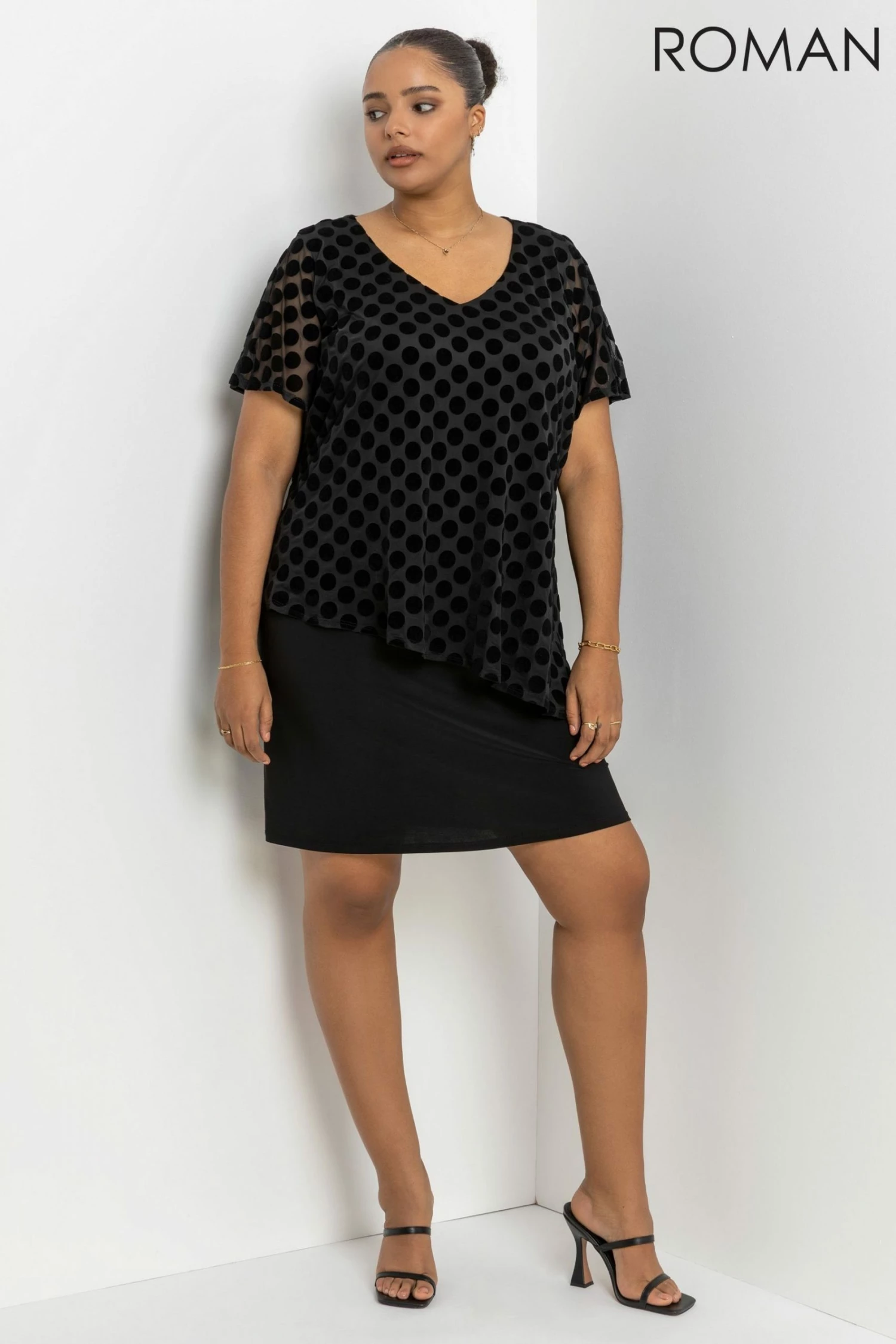 Roman Black Curve Flock Spot Overlay Dress 5 Roman Black Curve Flock Spot Overlay Dress - Image 3