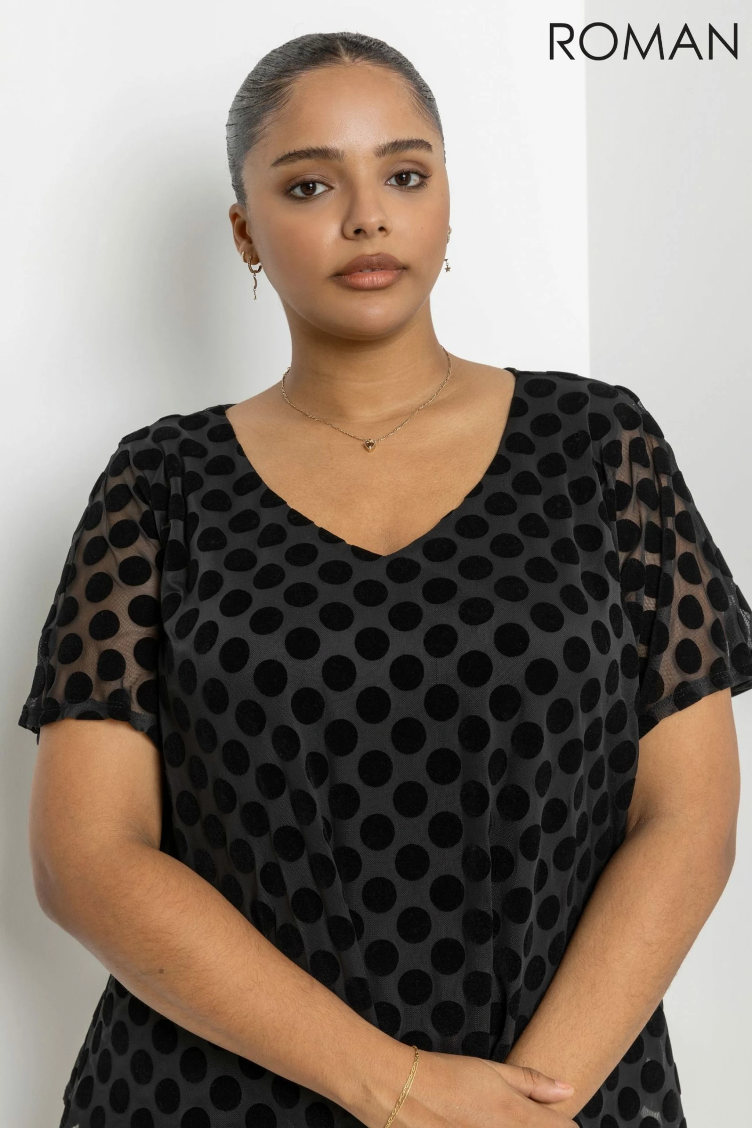 Roman Black Curve Flock Spot Overlay Dress 6 Roman Black Curve Flock Spot Overlay Dress - Image 4