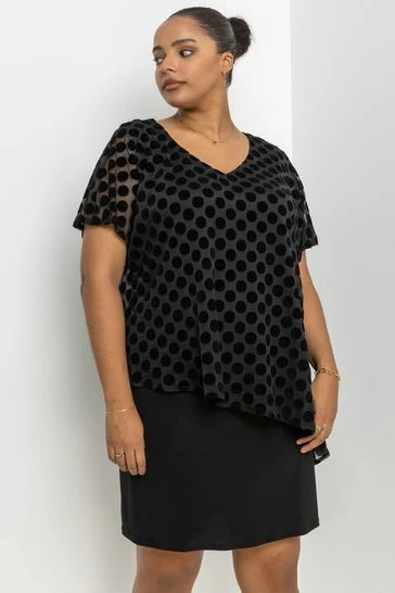 Roman Black Curve Flock Spot Overlay Dress 7 Roman Black Curve Flock Spot Overlay Dress - Image 5