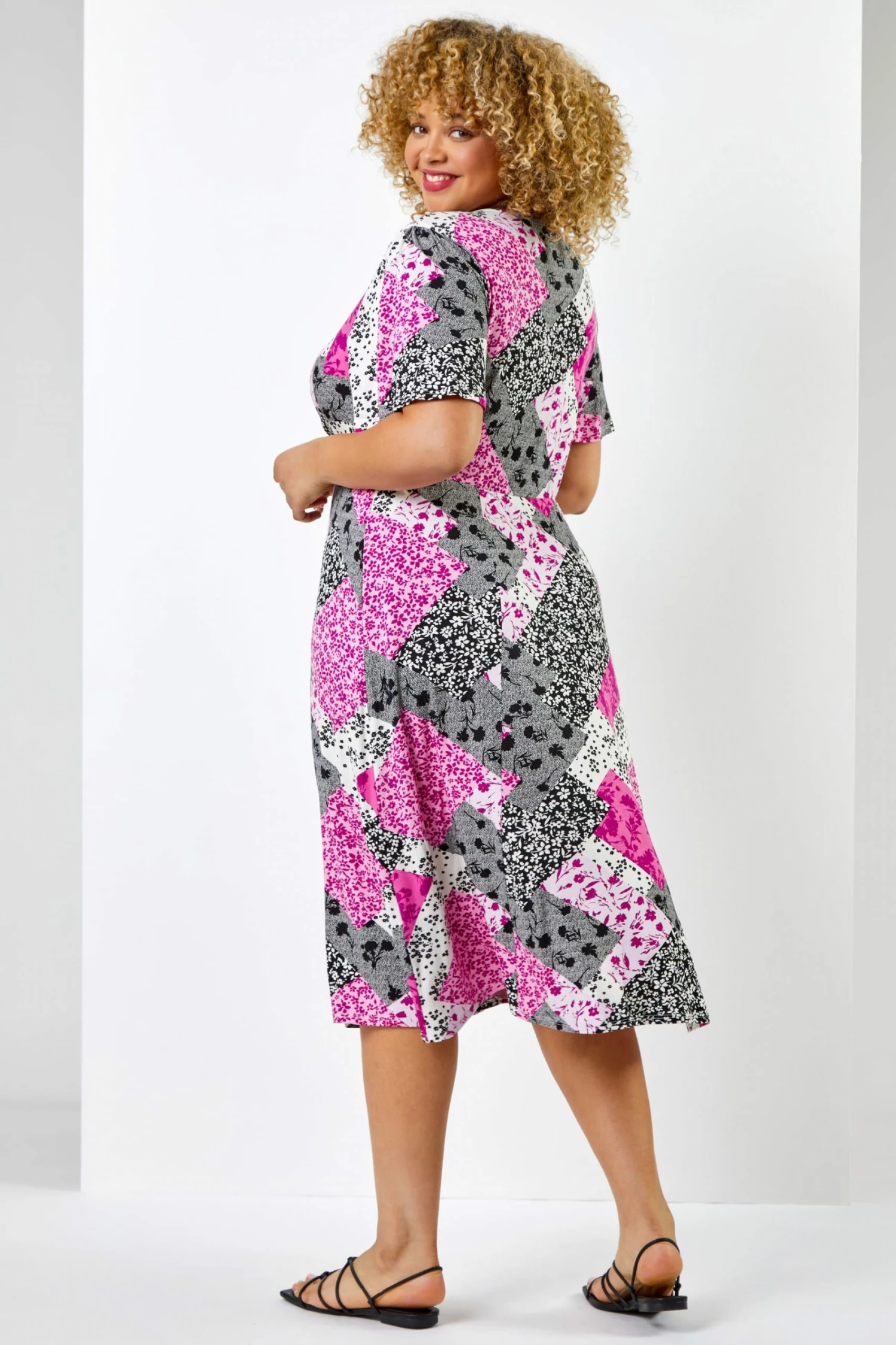 Roman Pink & Black Curve Patchwork Floral Midi Dress 4 Roman Pink & Black Curve Patchwork Floral Midi Dress - Image 2