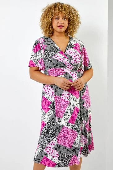 Roman Pink & Black Curve Patchwork Floral Midi Dress 7 Roman Pink & Black Curve Patchwork Floral Midi Dress - Image 5