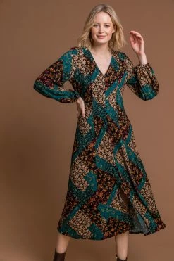 Roman Green Patchwork Fit & Flare Midi Dress