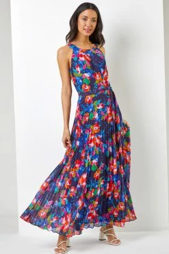Roman Blue & Red Floral Print Pleated Maxi Dress -Roman Sales Shop unnamed file 360