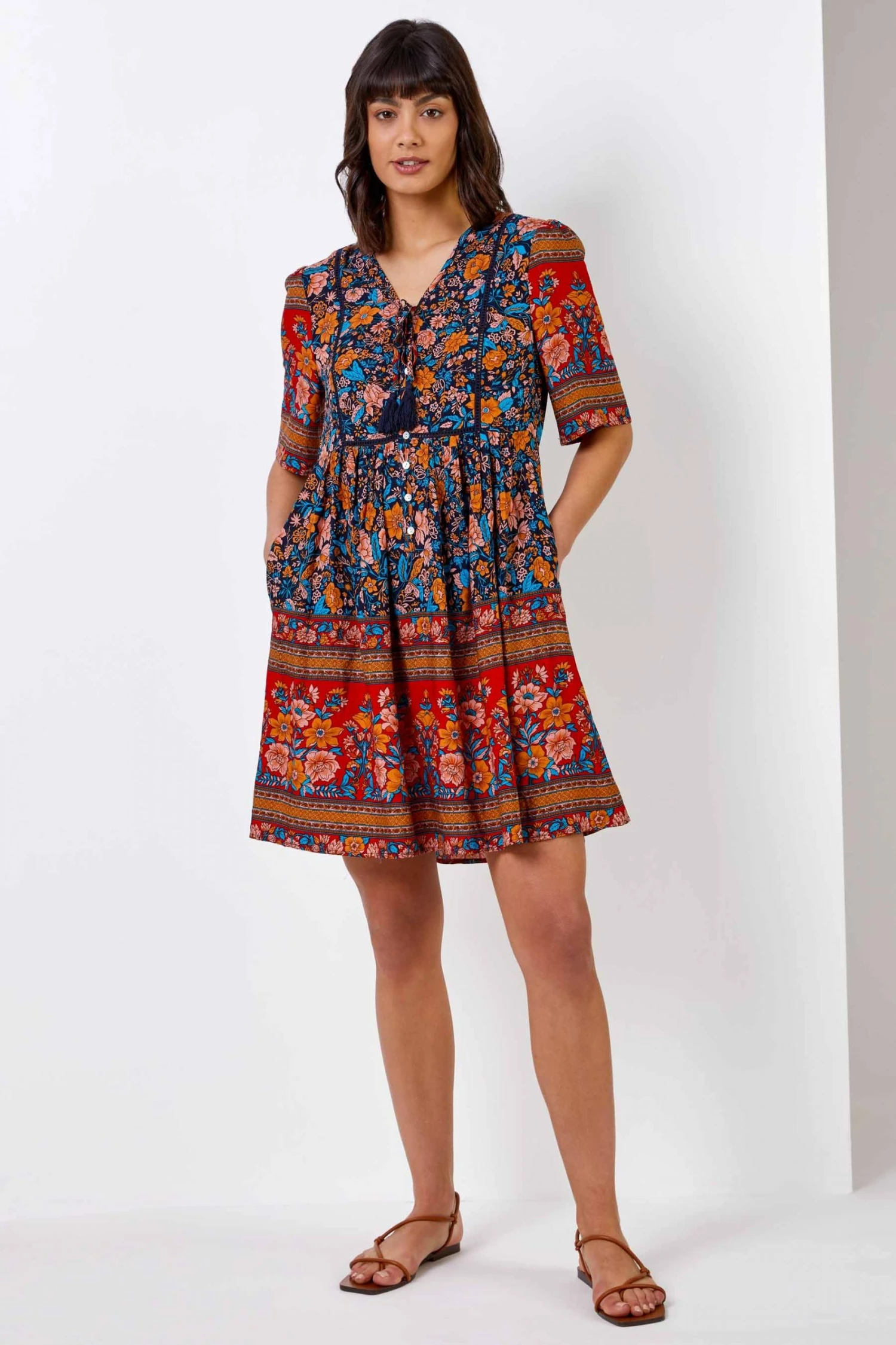 Roman Blue Floral Tie Detail Tiered Dress 4 Roman Blue Floral Tie Detail Tiered Dress - Image 2