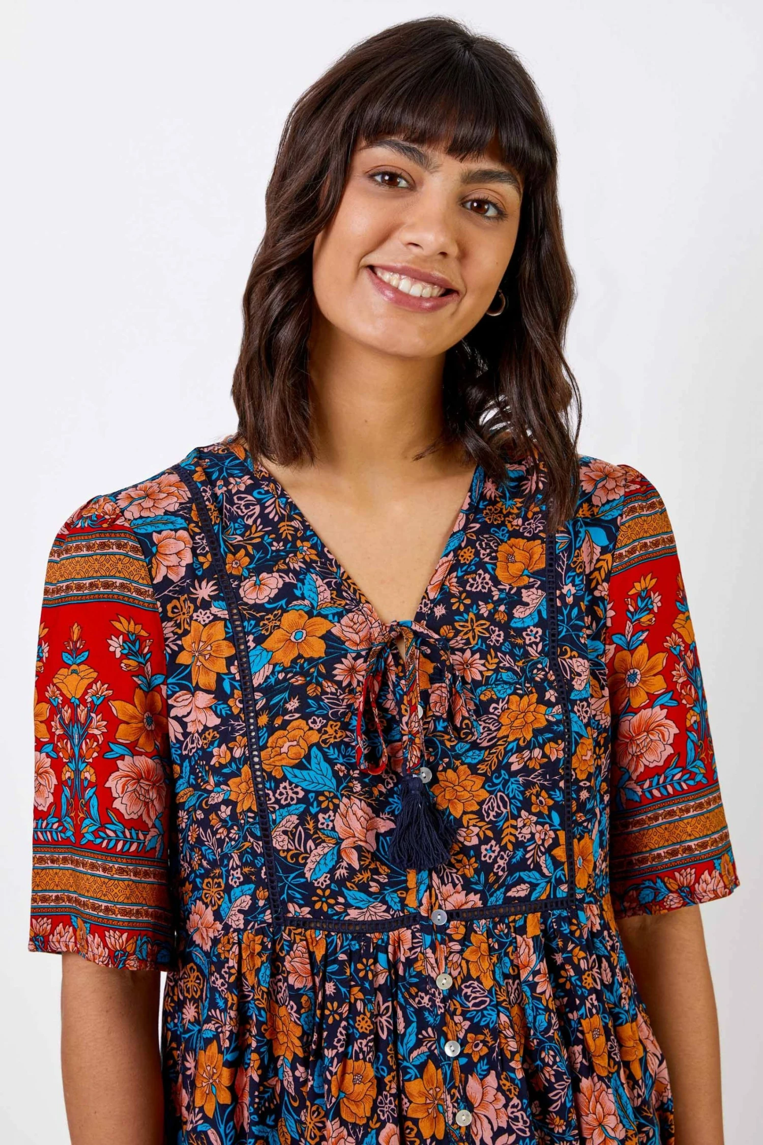 Roman Blue Floral Tie Detail Tiered Dress 6 Roman Blue Floral Tie Detail Tiered Dress - Image 4