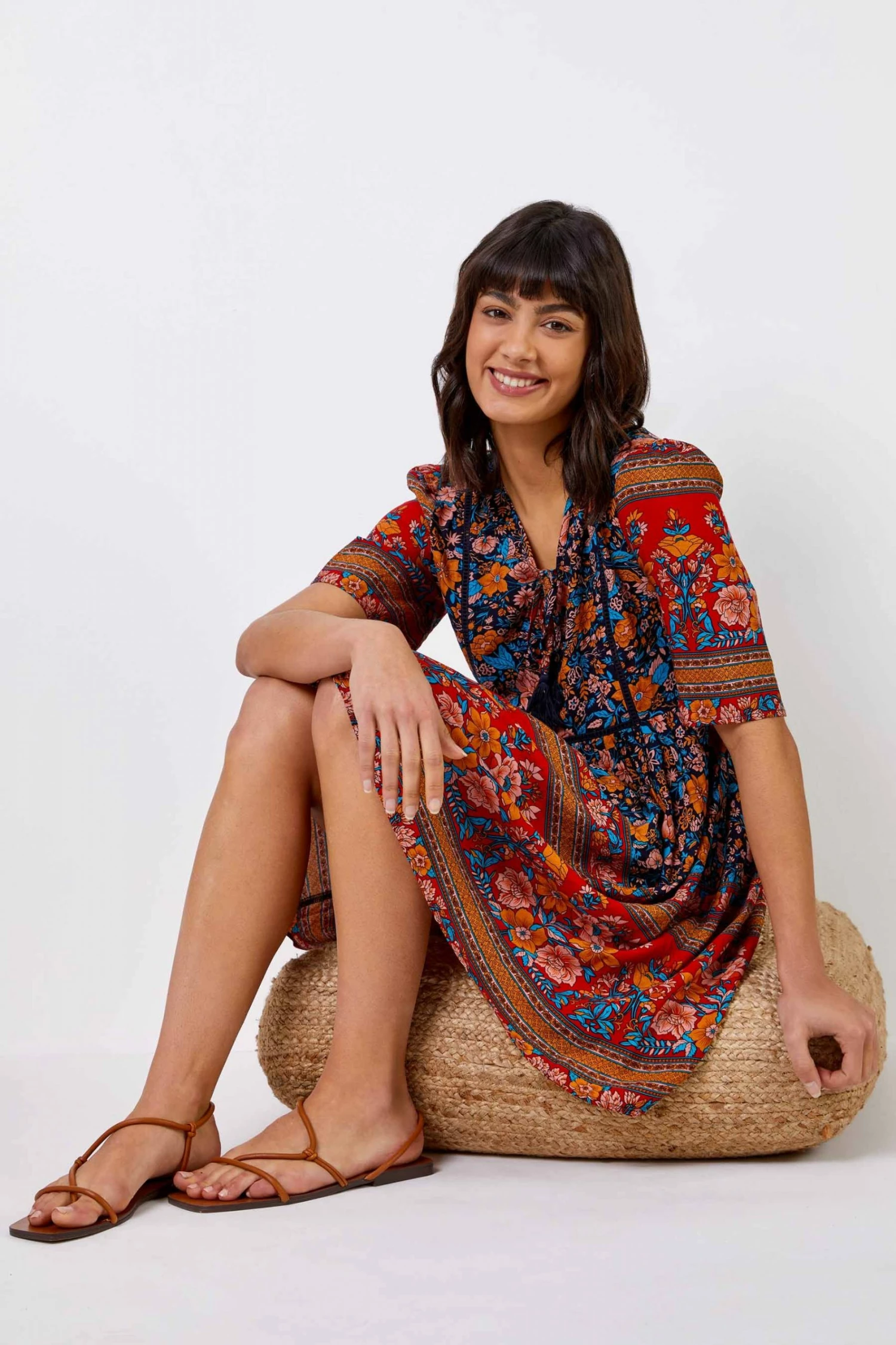 Roman Blue Floral Tie Detail Tiered Dress 7 Roman Blue Floral Tie Detail Tiered Dress - Image 5