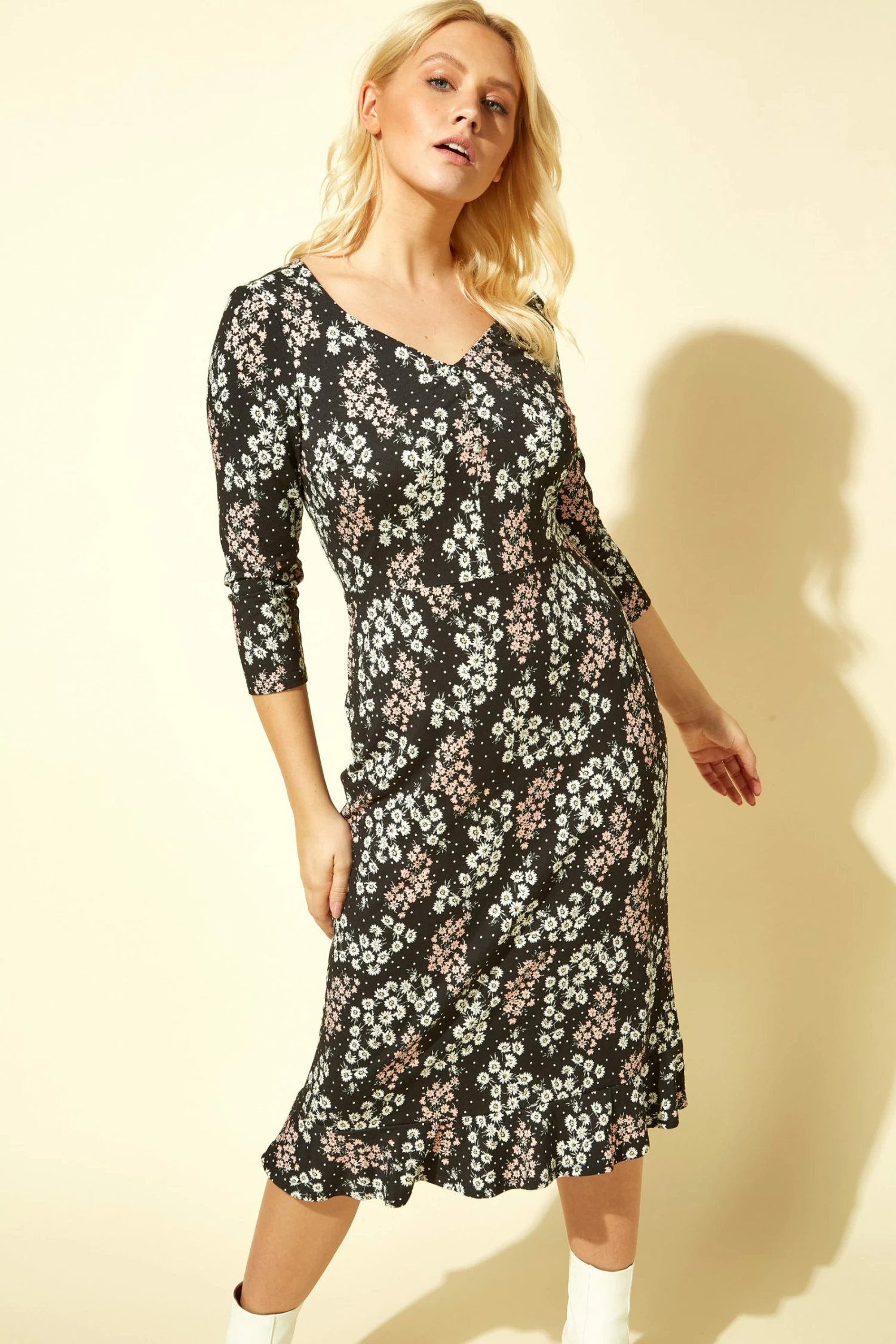 Roman Pink Floral Sweet Heart Neck Midi Dress 3 Roman Pink Floral Sweet Heart Neck Midi Dress