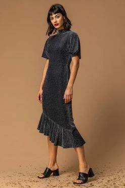 Roman Black Shimmer Asymmetric Hem Dress