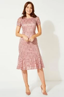 Roman Pink Lace Detail Fit And Flare Dress