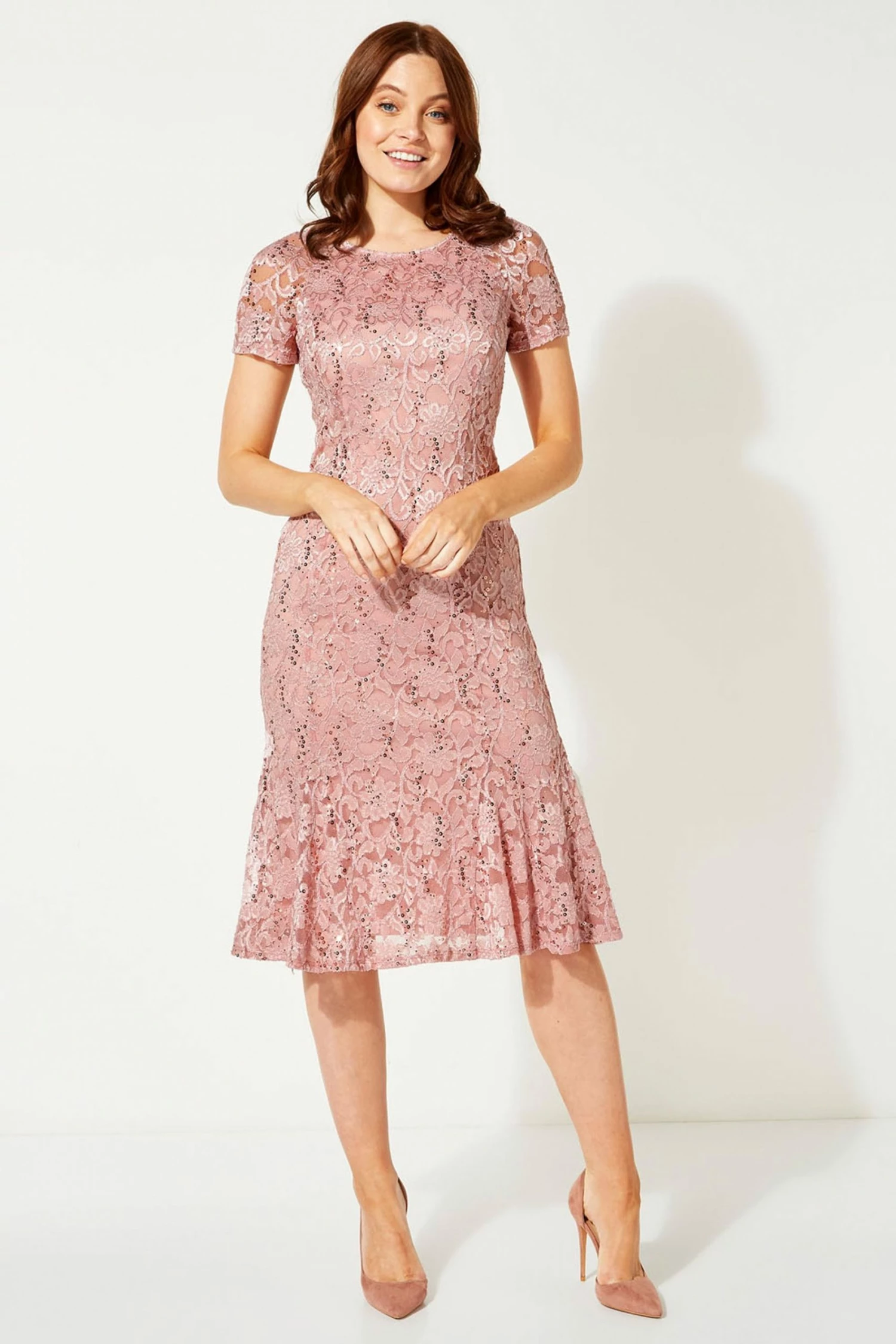 Roman Pink Lace Detail Fit And Flare Dress 3 Roman Pink Lace Detail Fit And Flare Dress