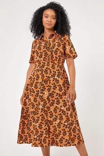 Roman Orange Petite Abstract Floral Spot Print Shirt Dress 8 Roman Orange Petite Abstract Floral Spot Print Shirt Dress - Image 6
