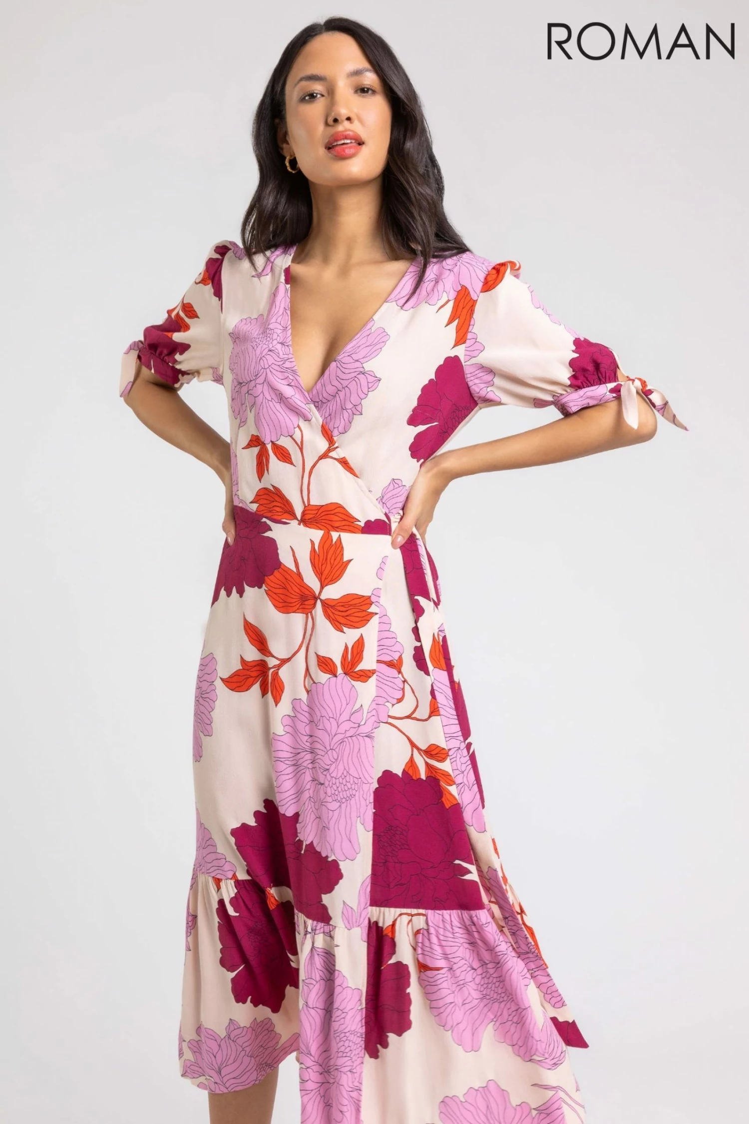 Roman Pink Floral Frill Hem Wrap Midi Dress 3 Roman Pink Floral Frill Hem Wrap Midi Dress