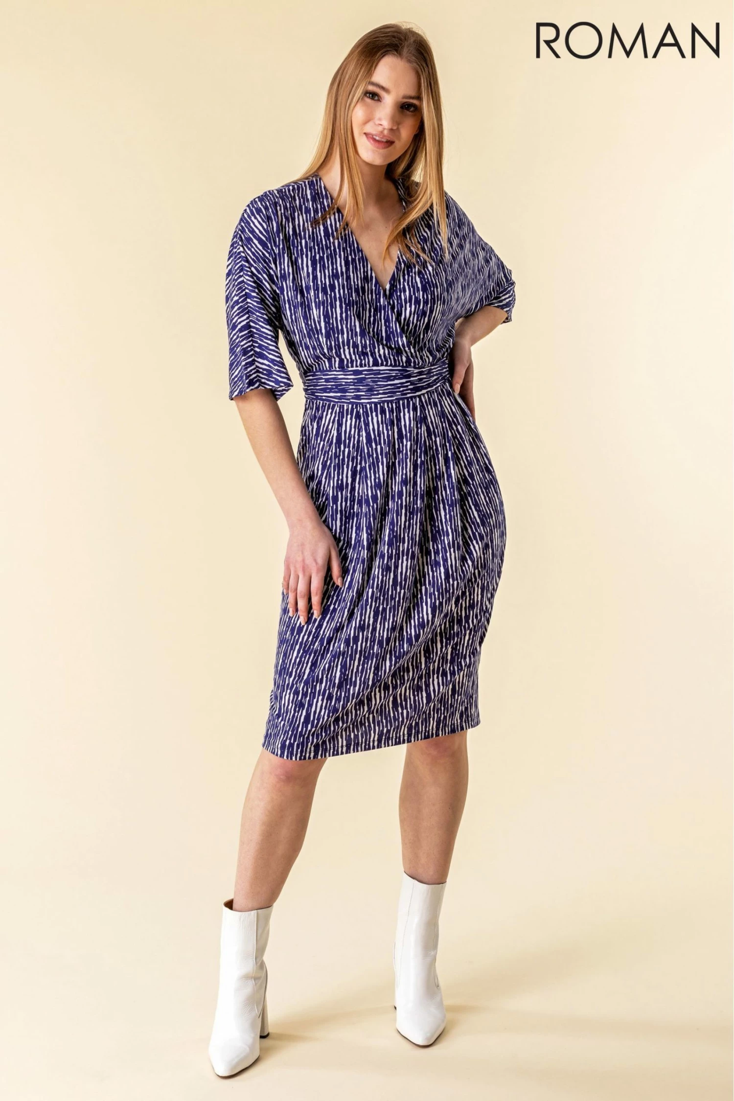 Roman Navy Abstract Stripe Print Wrap Dress 4 Roman Navy Abstract Stripe Print Wrap Dress - Image 2