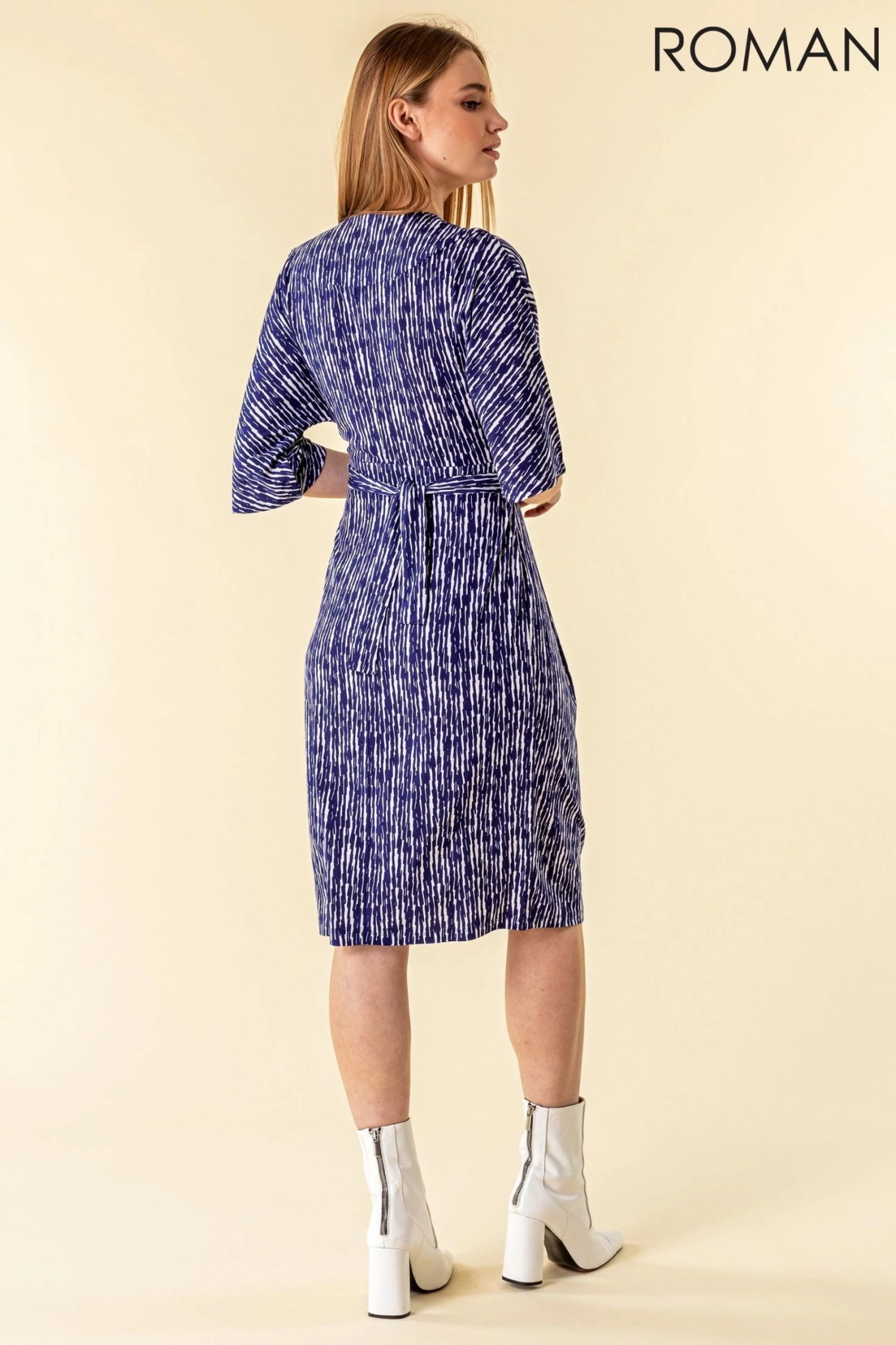 Roman Navy Abstract Stripe Print Wrap Dress 5 Roman Navy Abstract Stripe Print Wrap Dress - Image 3